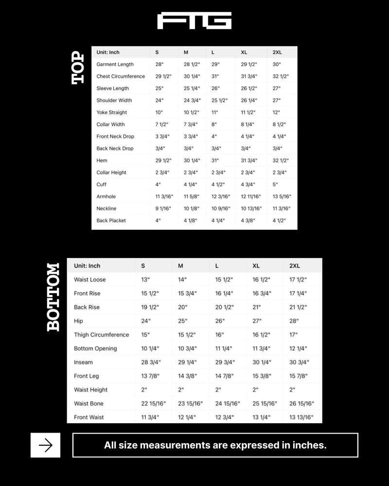 Size chart for FTG TRACKSUIT